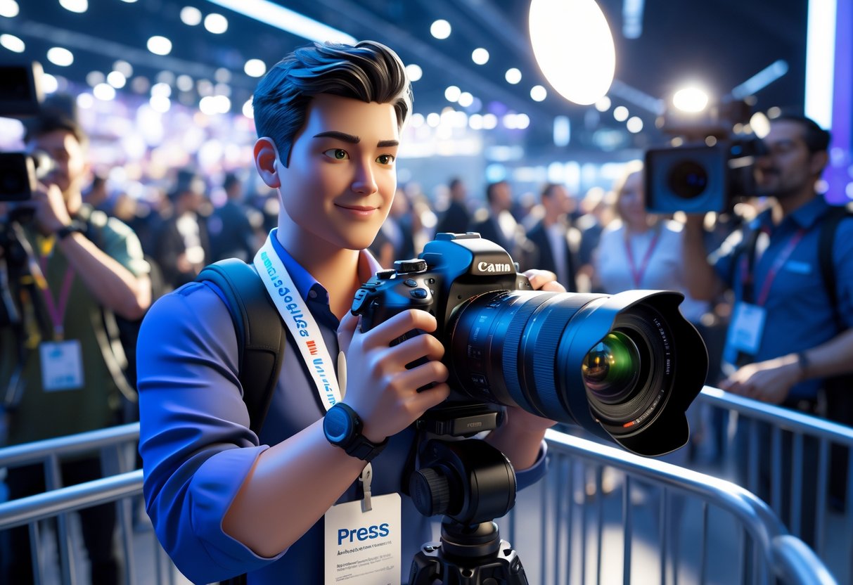 A photographer with a press pass taking pictures at a busy event from an exclusive area.