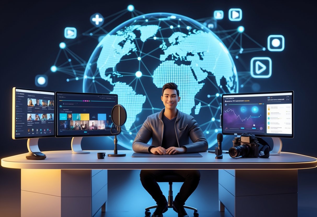 A person working at a desk with multiple screens showing social media and video editing tools, surrounded by digital icons and a holographic globe representing online connectivity and growth.
