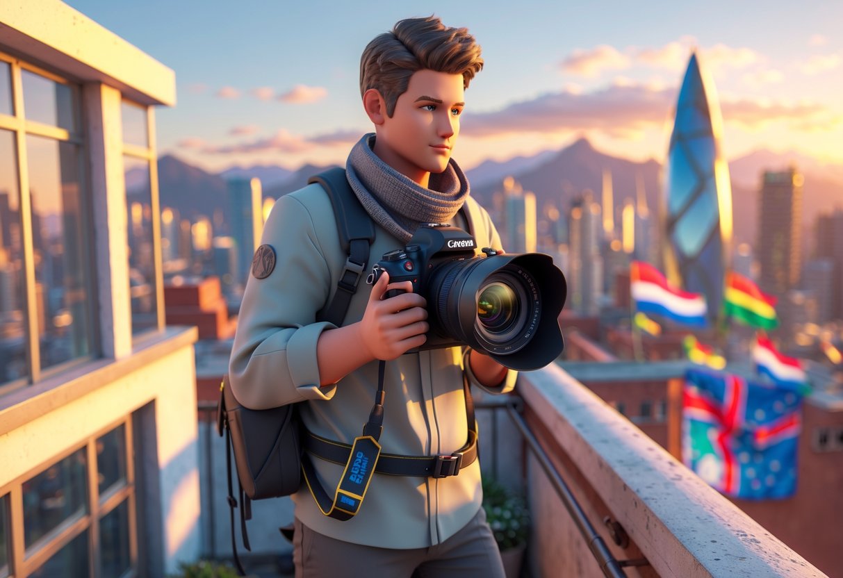 A photographer on a rooftop taking pictures of a city with famous landmarks and a sunset sky.