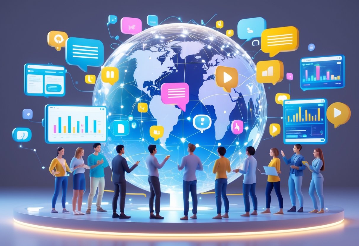 A group of diverse people interacting around a digital globe with social media icons and speech bubbles, surrounded by holographic screens showing messages and analytics.