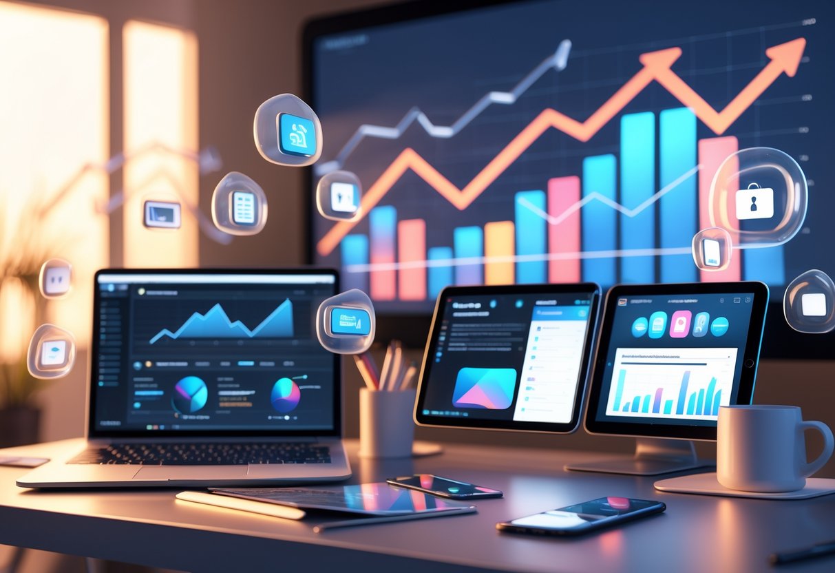 A digital workspace with a laptop, smartphone, and tablet showing content creation and earnings icons, surrounded by floating symbols representing different ways to monetise content.