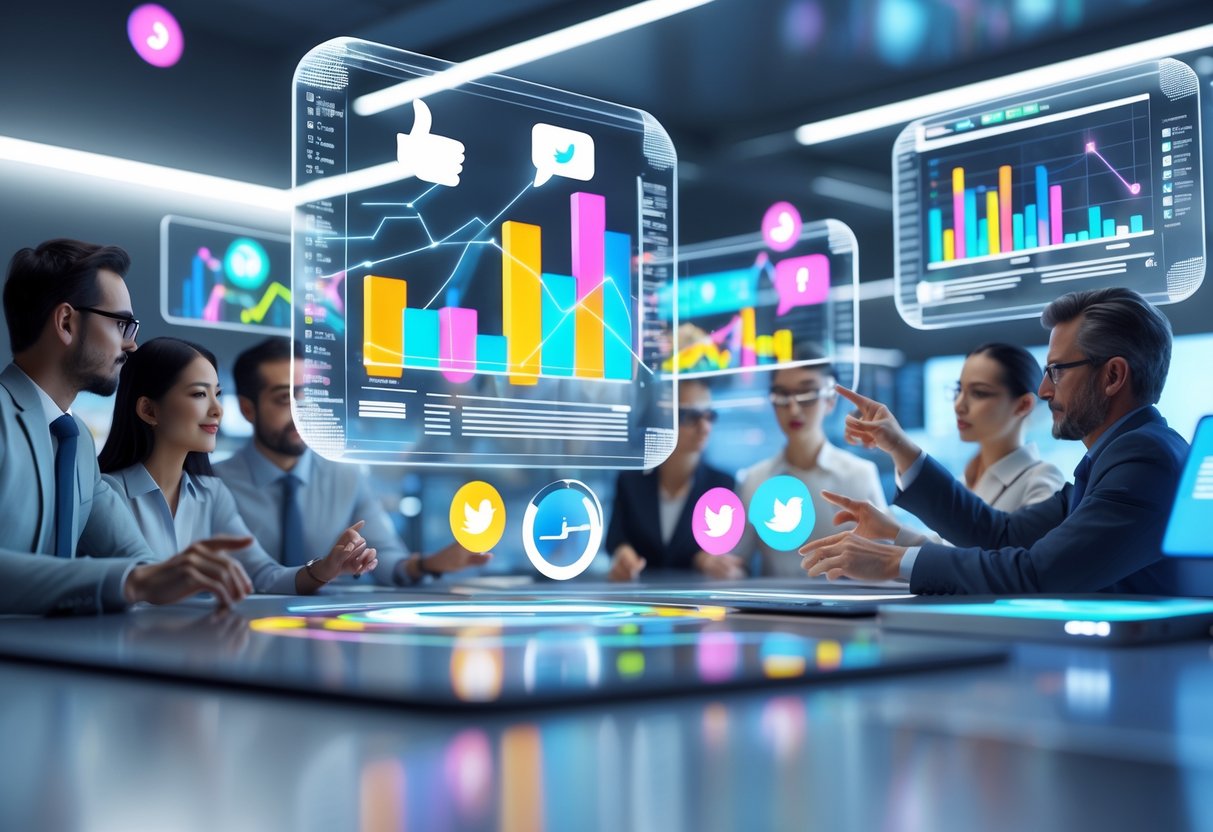 A group of people analysing colourful digital charts and social media icons on floating holographic screens in a modern office setting.