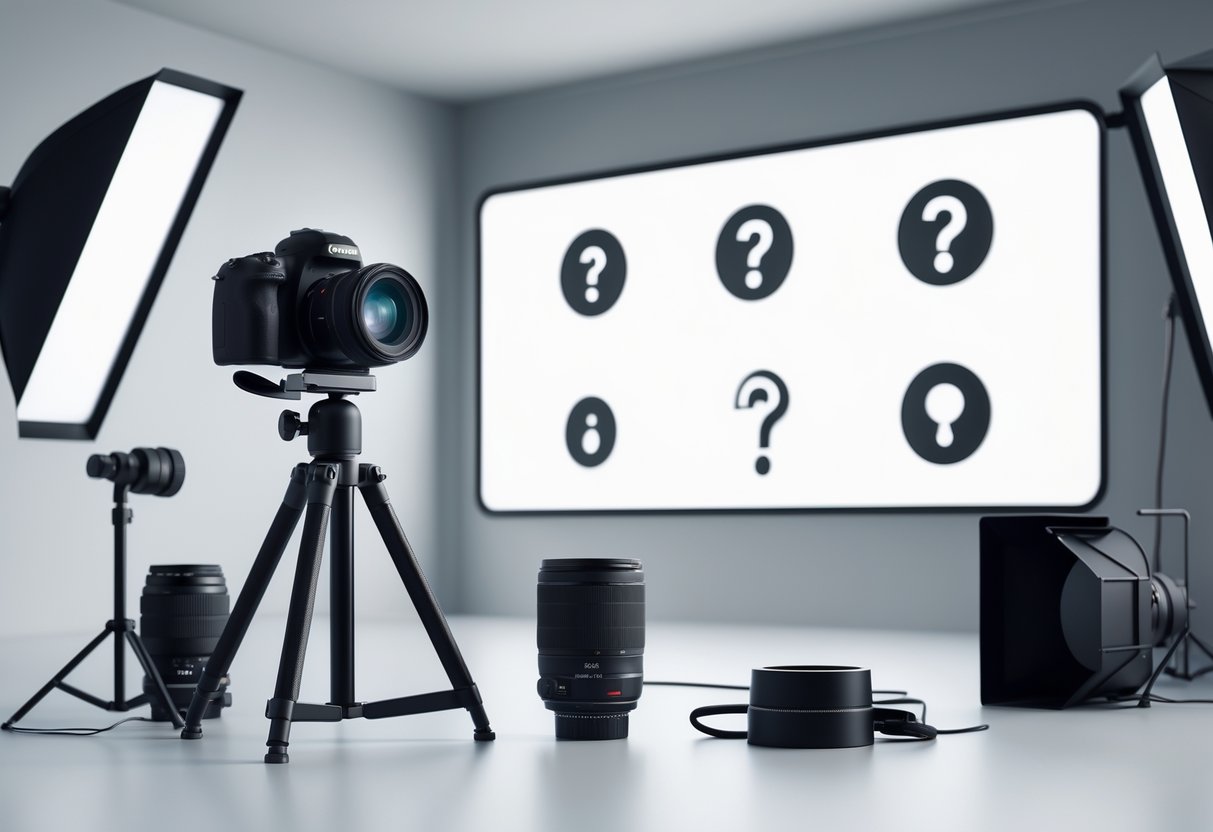 A photography studio setup with a camera on a tripod and various photography equipment arranged around it.