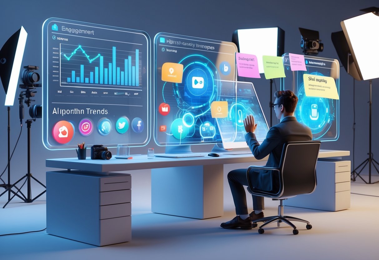 A person working at a desk surrounded by futuristic holographic screens showing graphs and social media icons, in a digital studio with cameras and lighting equipment.