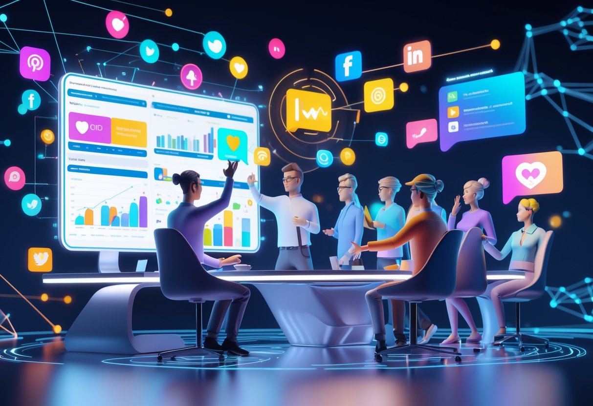 A digital workspace with holographic screens showing social media analytics and influencer profiles, with diverse avatars interacting in a high-tech environment.