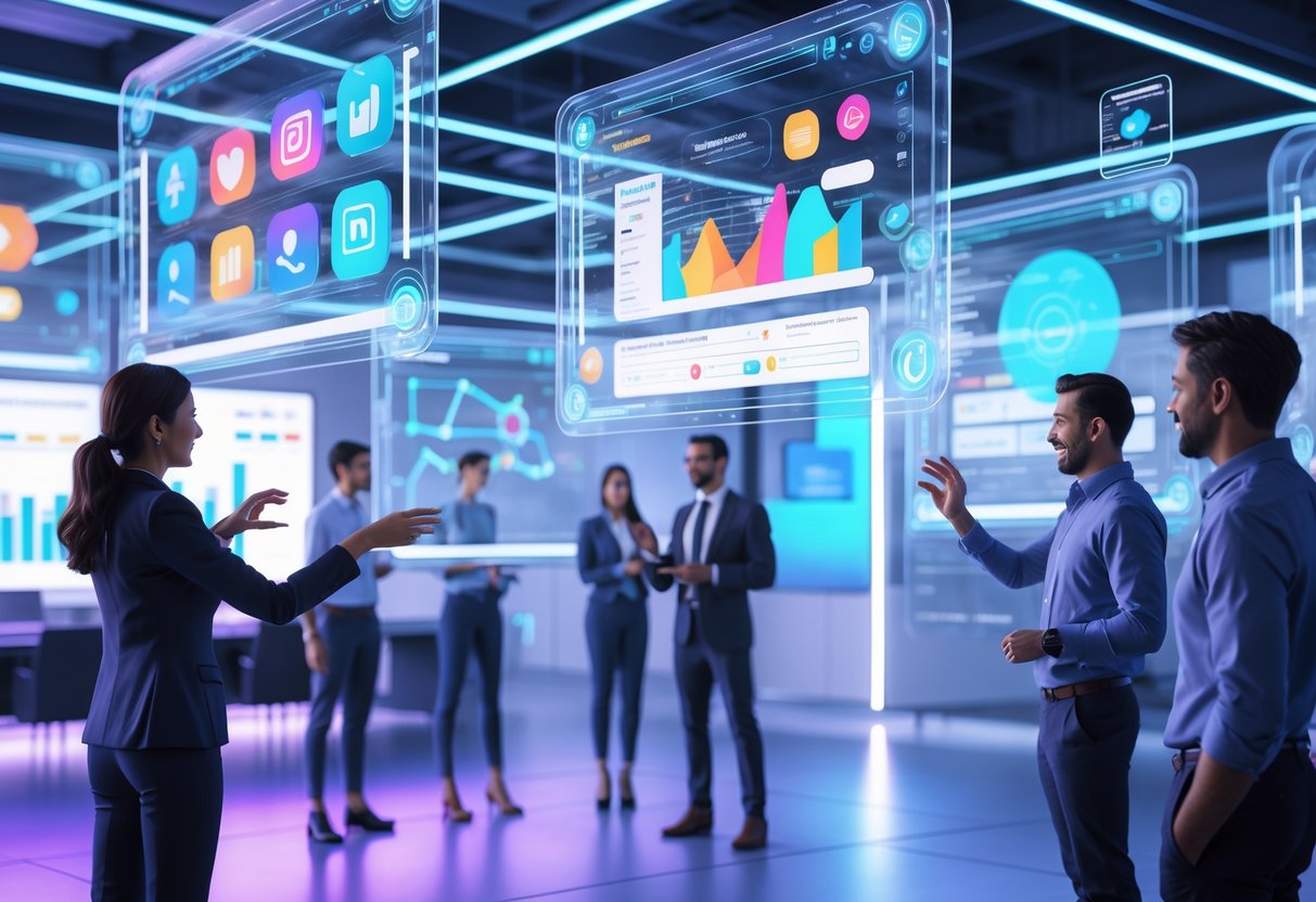 A modern office scene with people interacting with floating holographic screens showing social media data and analytics.