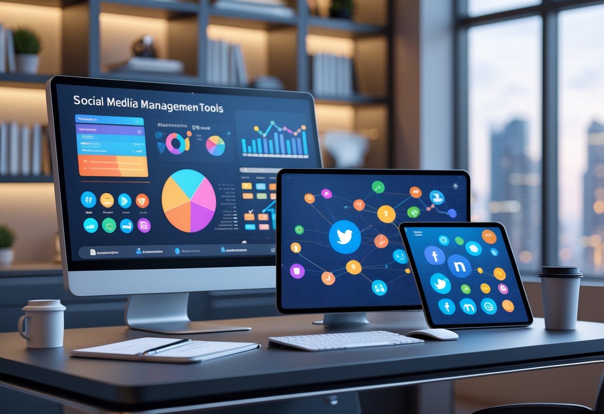 A modern workspace with a desk displaying multiple digital devices showing social media analytics and platform icons, surrounded by office items and a city view through a window.