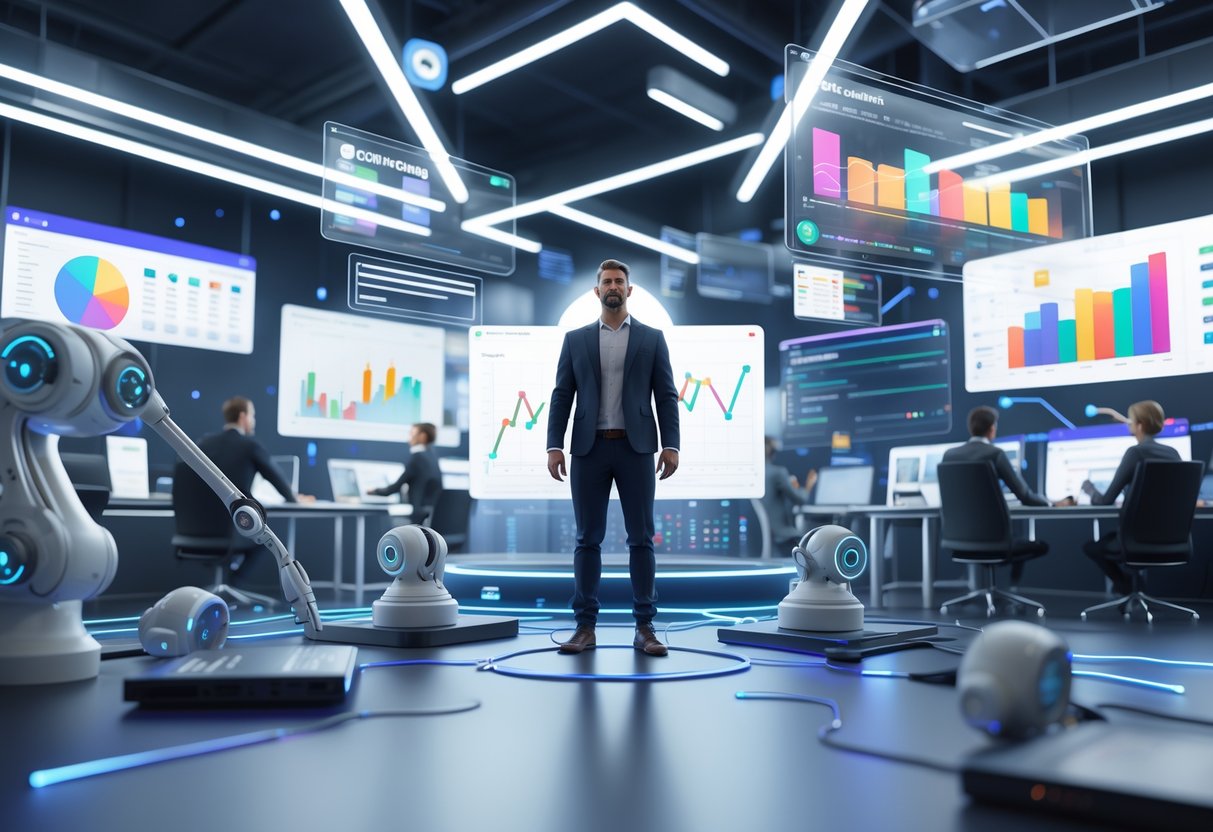 A content creator in a modern workspace surrounded by digital screens showing charts and multimedia content, with a team working collaboratively in the background.