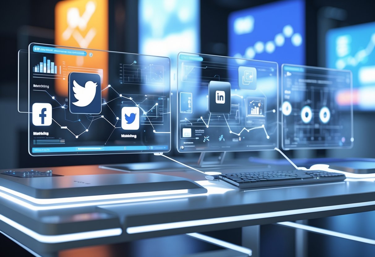 A futuristic workspace with holographic screens showing social media icons and marketing data connected by glowing digital lines.