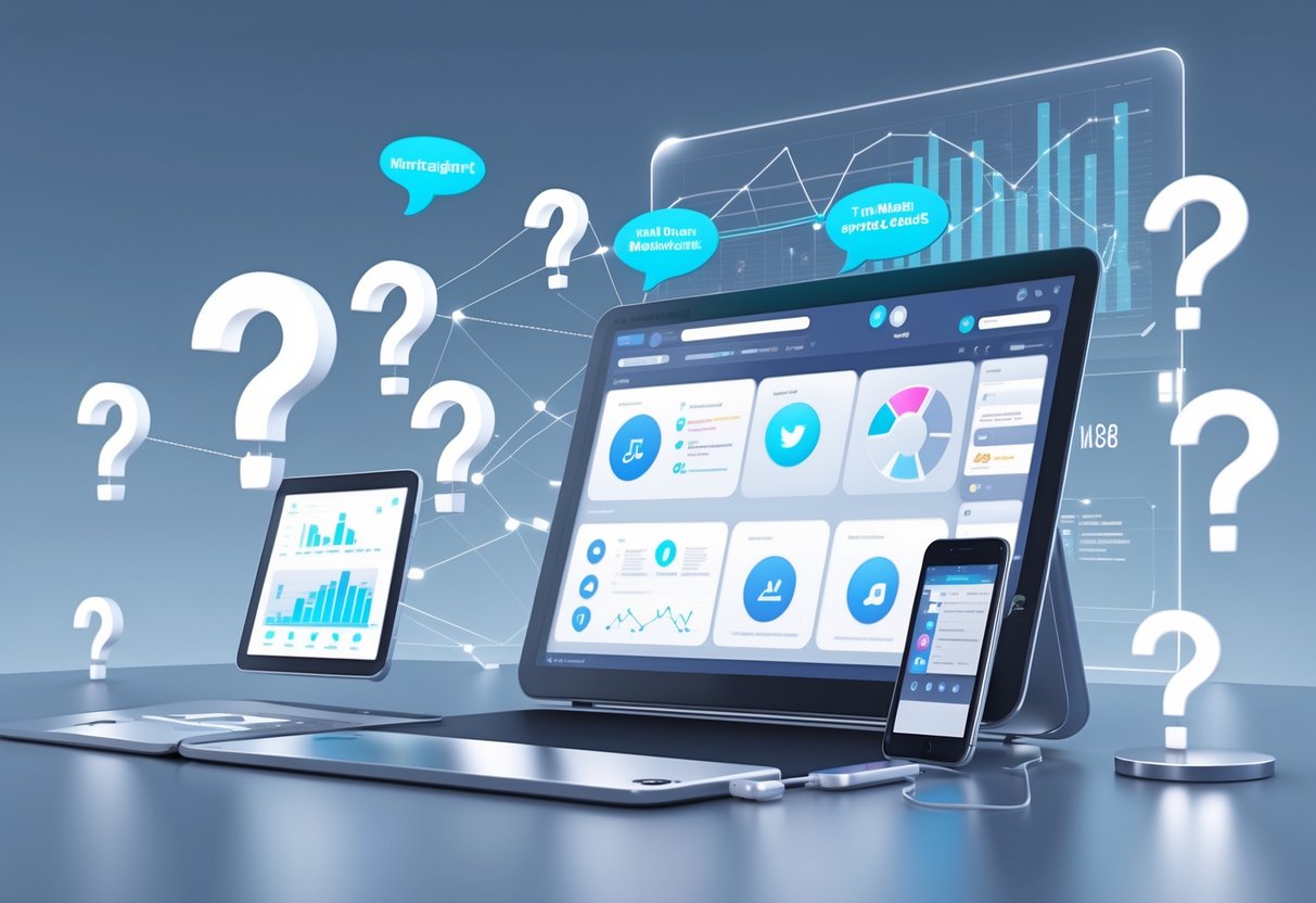 A modern workspace with digital devices showing social media icons and floating question marks representing frequently asked questions.