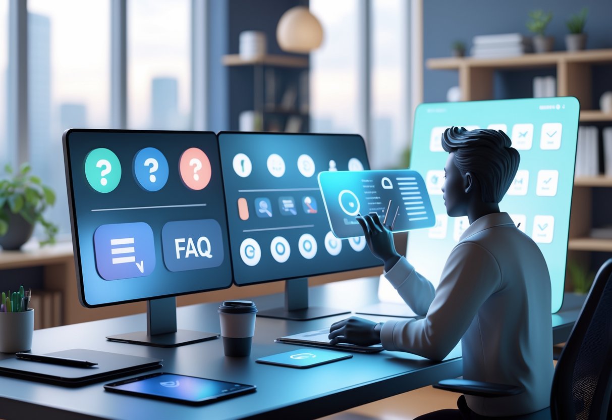 A person working at a desk with multiple digital screens showing question and answer icons, surrounded by creative tools in a modern workspace.