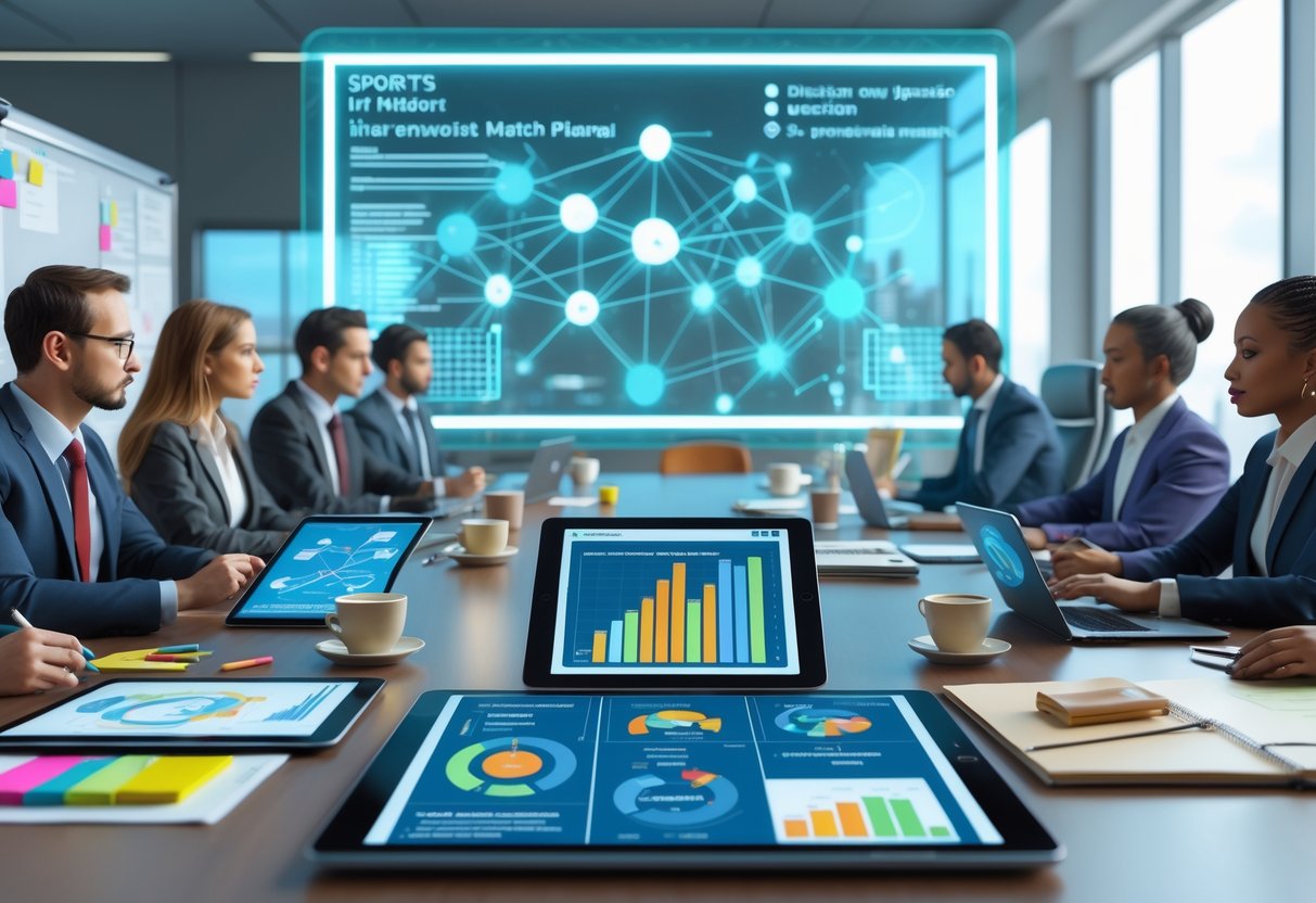 A group of professionals gathered around a table in an office, working together with digital devices and a large screen displaying data related to preventing match fixing.