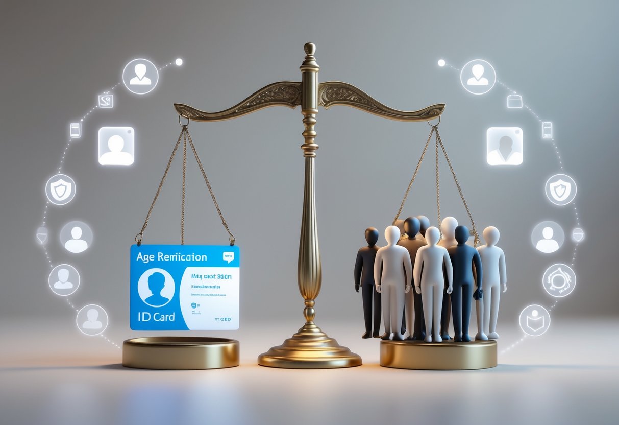 A balanced scale with an age verification card on one side and diverse human figures on the other, symbolising fairness in age restriction.