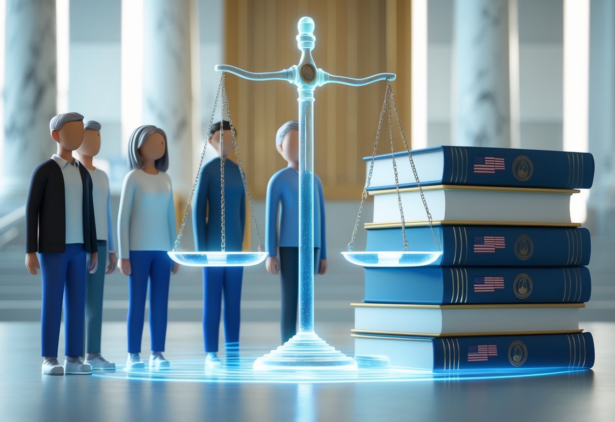 A 3D scene showing a balanced legal scale with diverse age groups on one side and US legal books on the other inside a courtroom setting.