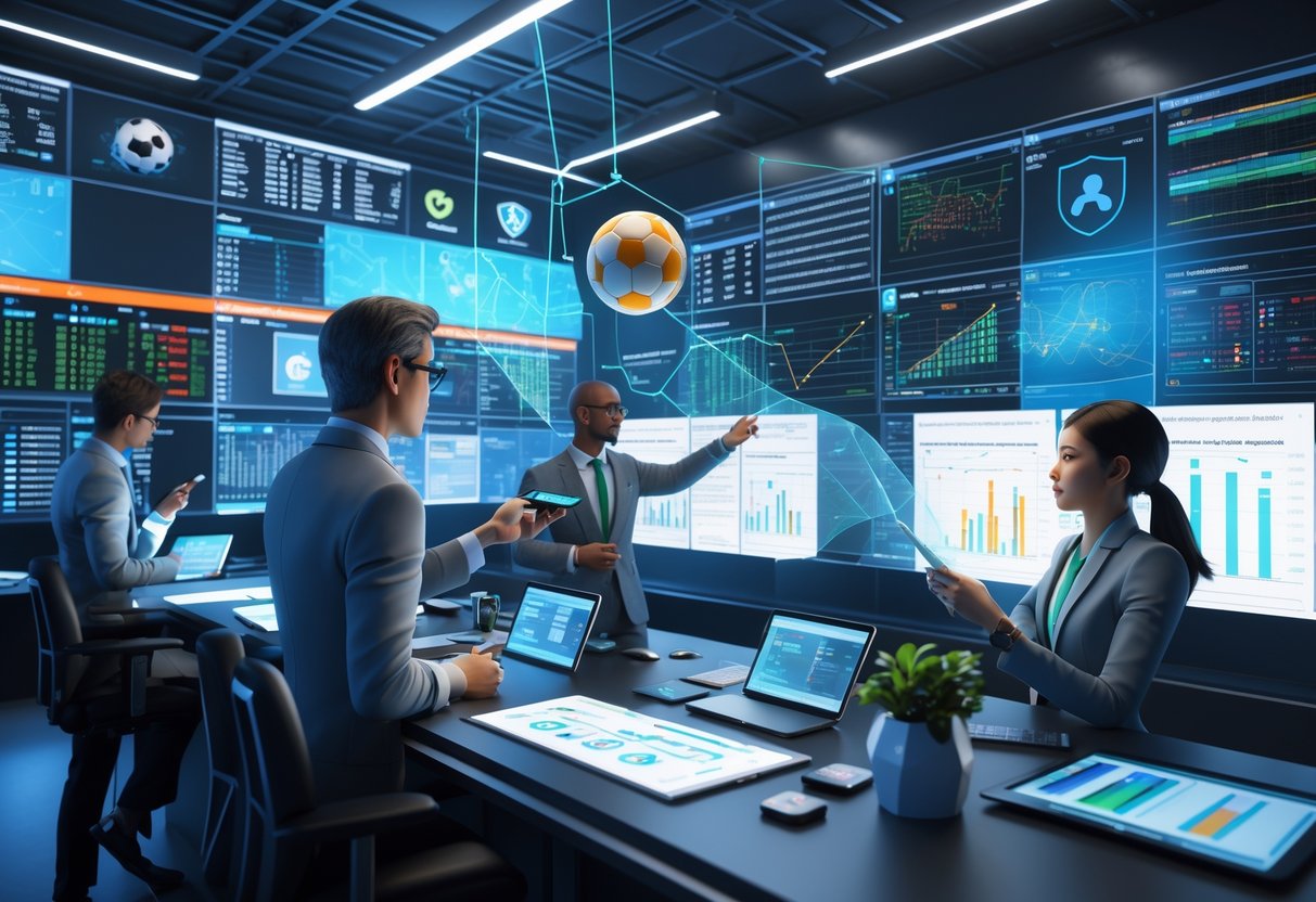A team of investigators analysing data and footage in a high-tech control room to prevent match fixing in sports.
