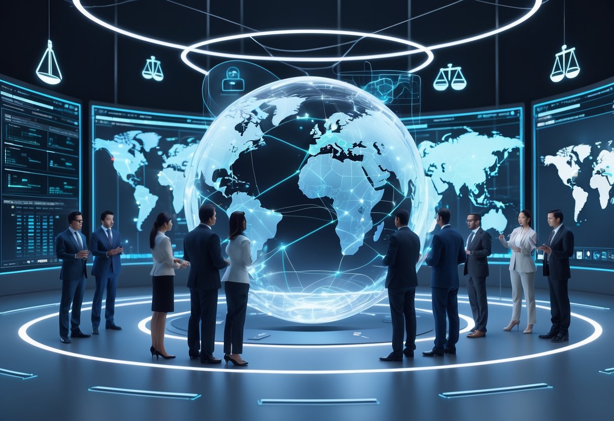A group of diverse professionals collaborating around a glowing globe with holographic data screens in a modern conference room, symbolising global teamwork to prevent match fixing.