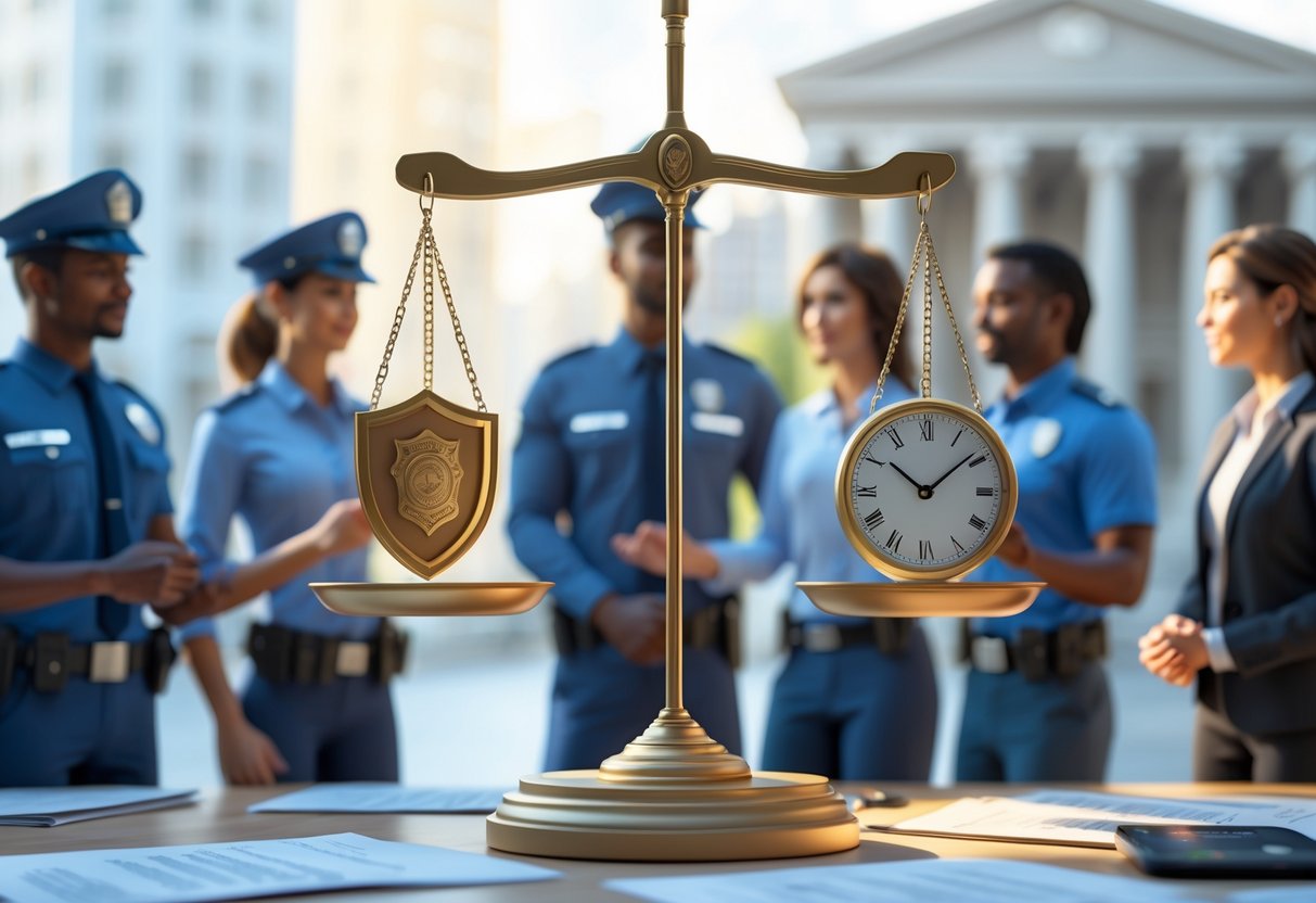 A balanced scale with a shield on one side and a clock on the other, set in front of a city scene with diverse professionals including police officers and firefighters.