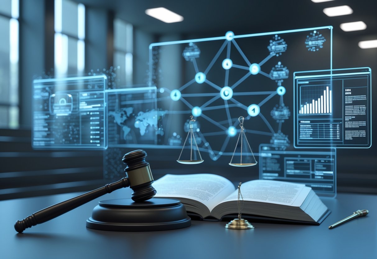 A courtroom scene with a judge’s gavel on a law book, scales of justice, digital data displays, and a football pitch with a referee holding a red card in the background.