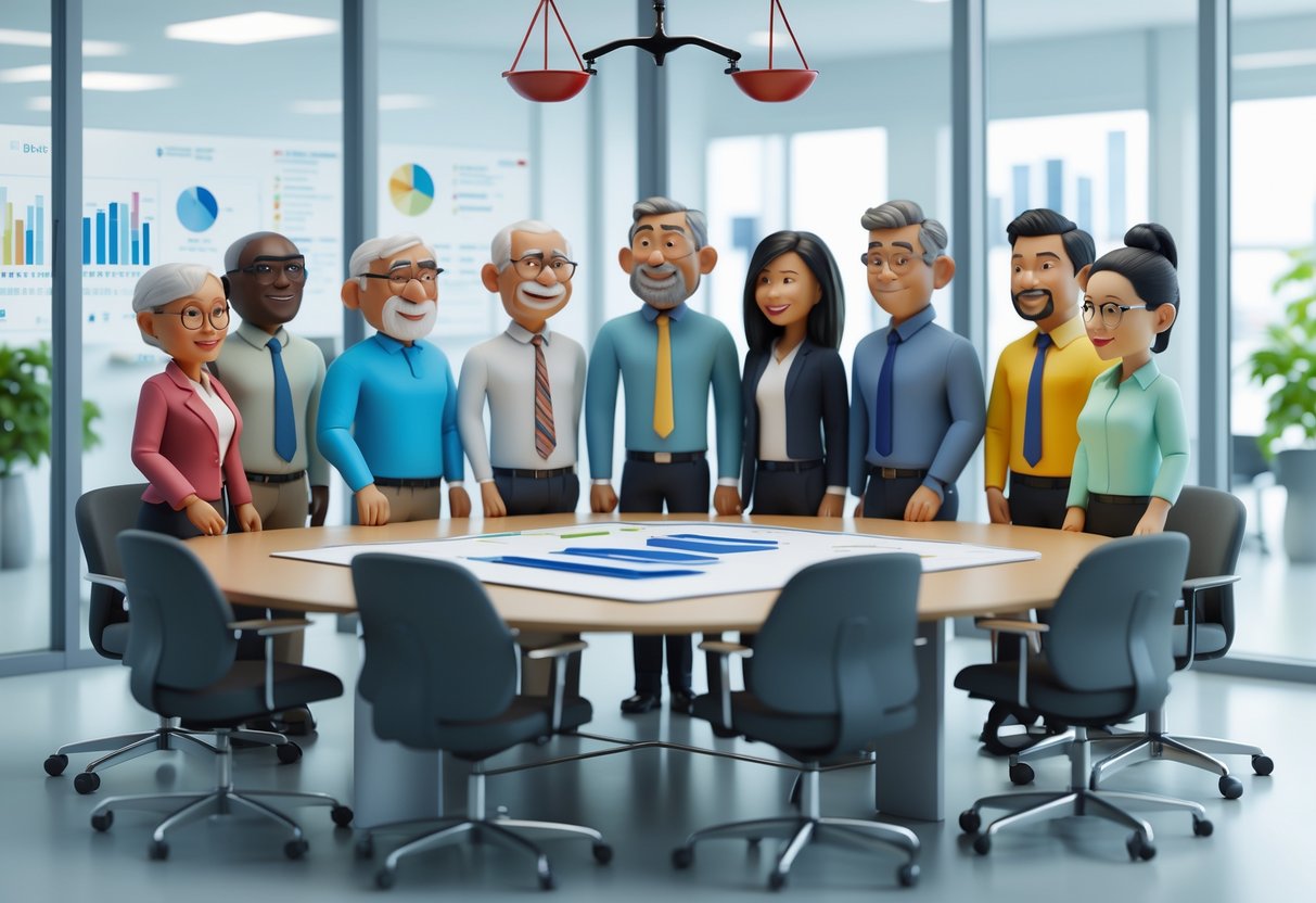 A group of diverse office workers of different ages collaborating together in a bright modern office, showing fairness and respect.