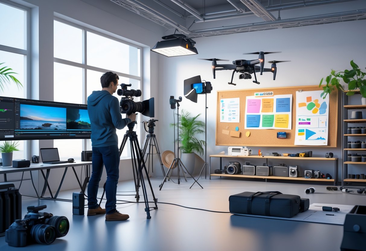 A videographer working with a camera in a studio filled with filming equipment, a drone, and video editing monitors.