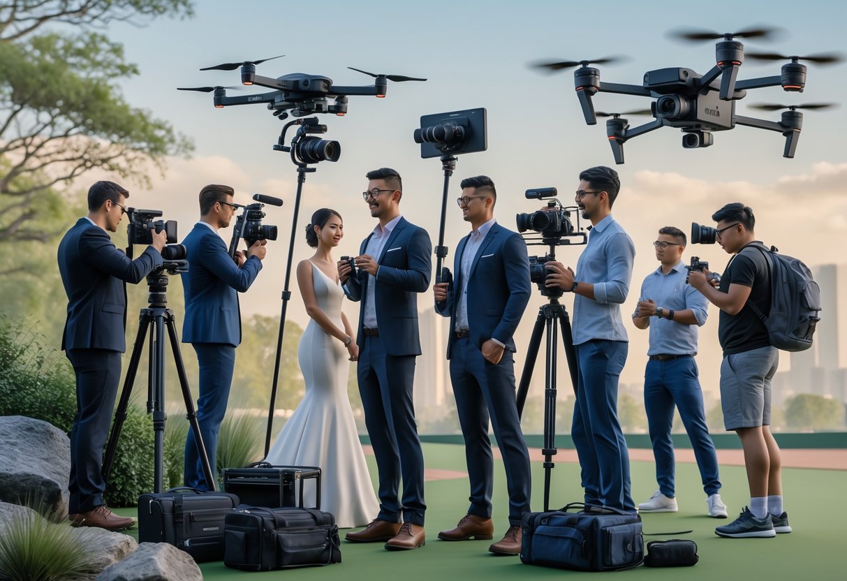 A scene showing different types of videographers working in various settings including outdoors, a wedding, a studio, aerial drone operation, and a sports field.