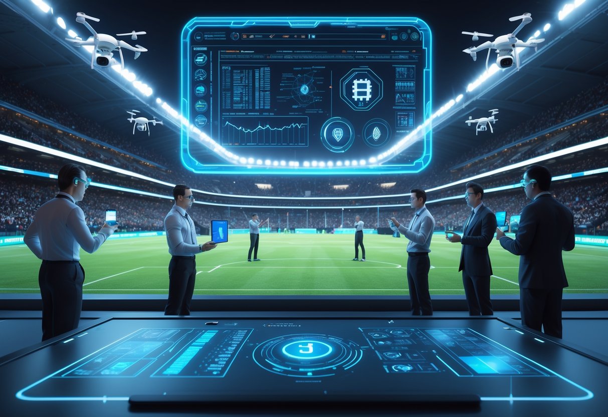 A futuristic sports stadium at night with people using advanced technology and holographic displays to monitor and prevent match fixing.