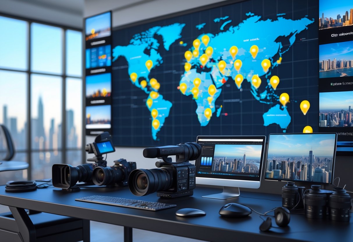A modern workspace with video equipment and multiple screens showing maps and city views representing videographer job opportunities around the world.