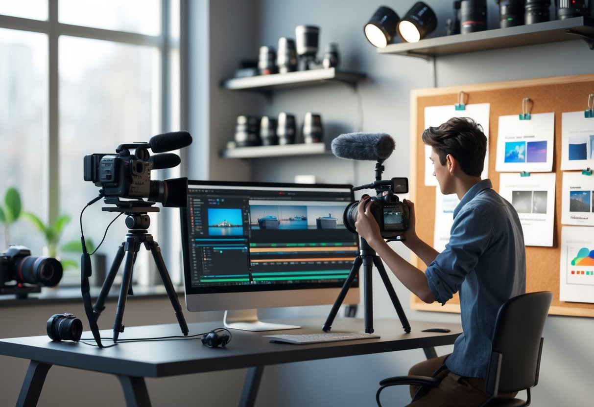 A young person adjusting a video camera in a bright creative workspace with video editing monitors and filming equipment.
