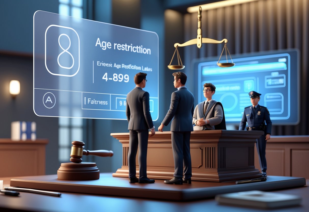A courtroom scene showing a judge, a young person with a lawyer, and a law enforcement officer, with symbols of justice and age verification around them.