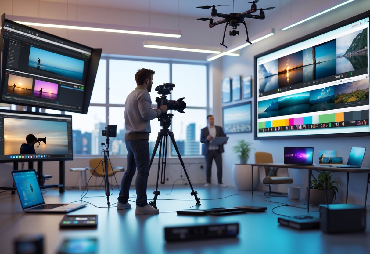 A videographer working in a studio surrounded by video editing screens, camera equipment, a drone outside, and a client reviewing footage.