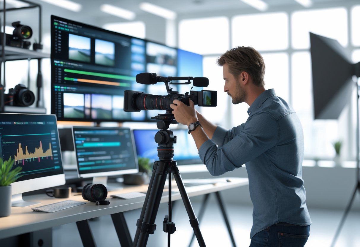 A videographer working with a professional camera in a modern office filled with video editing monitors and media equipment.