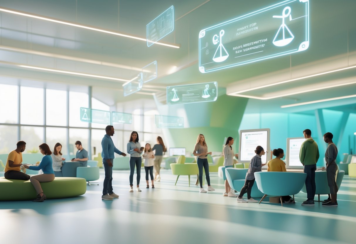 A bright, welcoming resource centre where diverse people of different ages interact with holographic displays and balanced design elements symbolising fairness and age considerations.