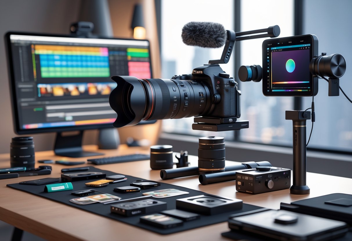 A workspace with a camera on a tripod, gimbal stabilizer, microphones, and editing software on a computer screen.