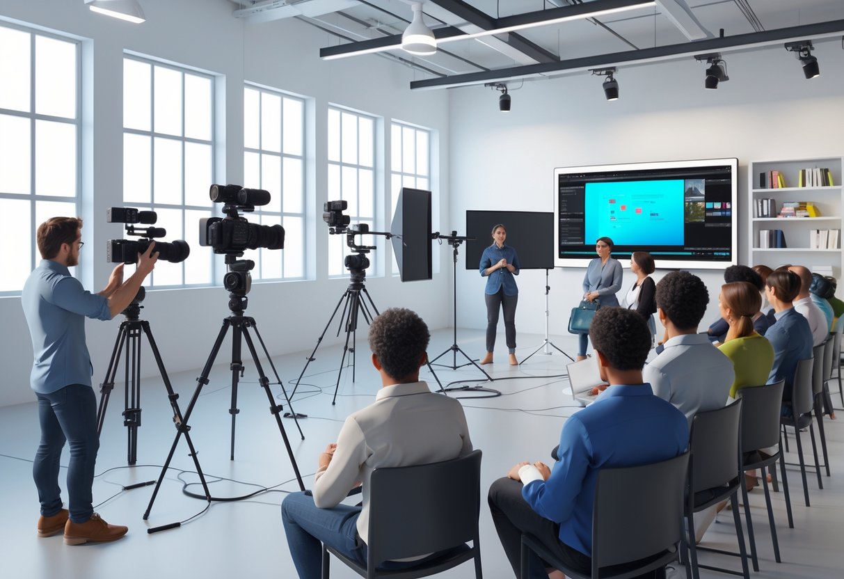 A group of people in a bright studio learning videography techniques with professional cameras and equipment.
