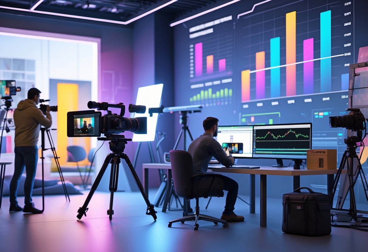 A workspace with videographers using cameras and computers surrounded by videography equipment and digital screens showing charts and graphs.