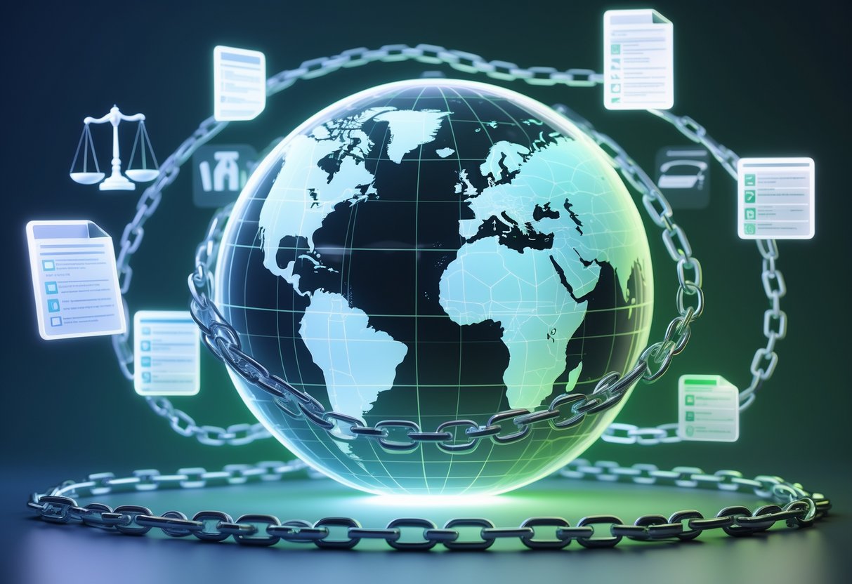 A 3D scene showing a globe divided into regions with digital locks around some areas, representing legal restrictions and compliance.