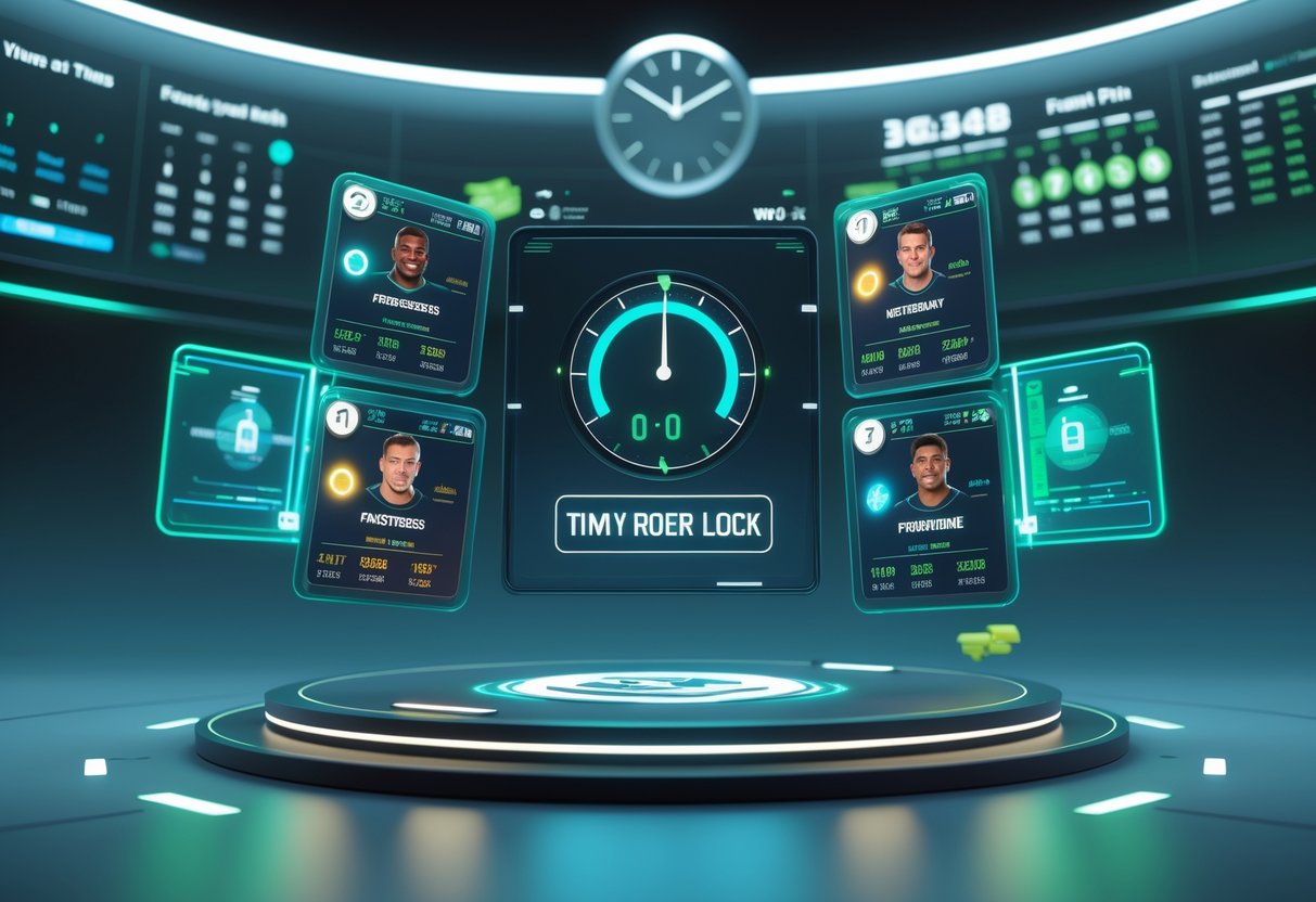 A digital sports dashboard showing a countdown timer with player cards, some highlighted and others dimmed, alongside a calendar and clock interface representing roster lock timing in fantasy sports.