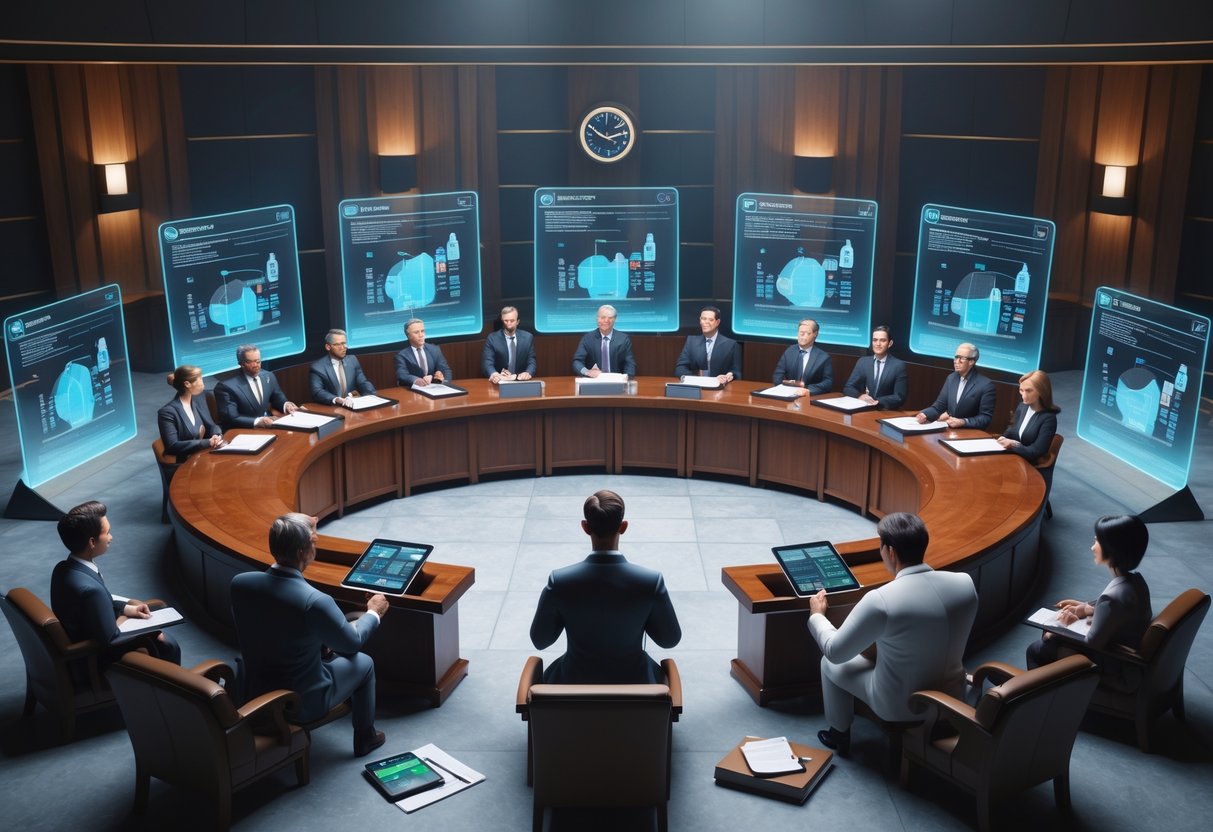 A courtroom scene with judges and diverse professionals debating betting regulation, surrounded by digital data displays and legal symbols.