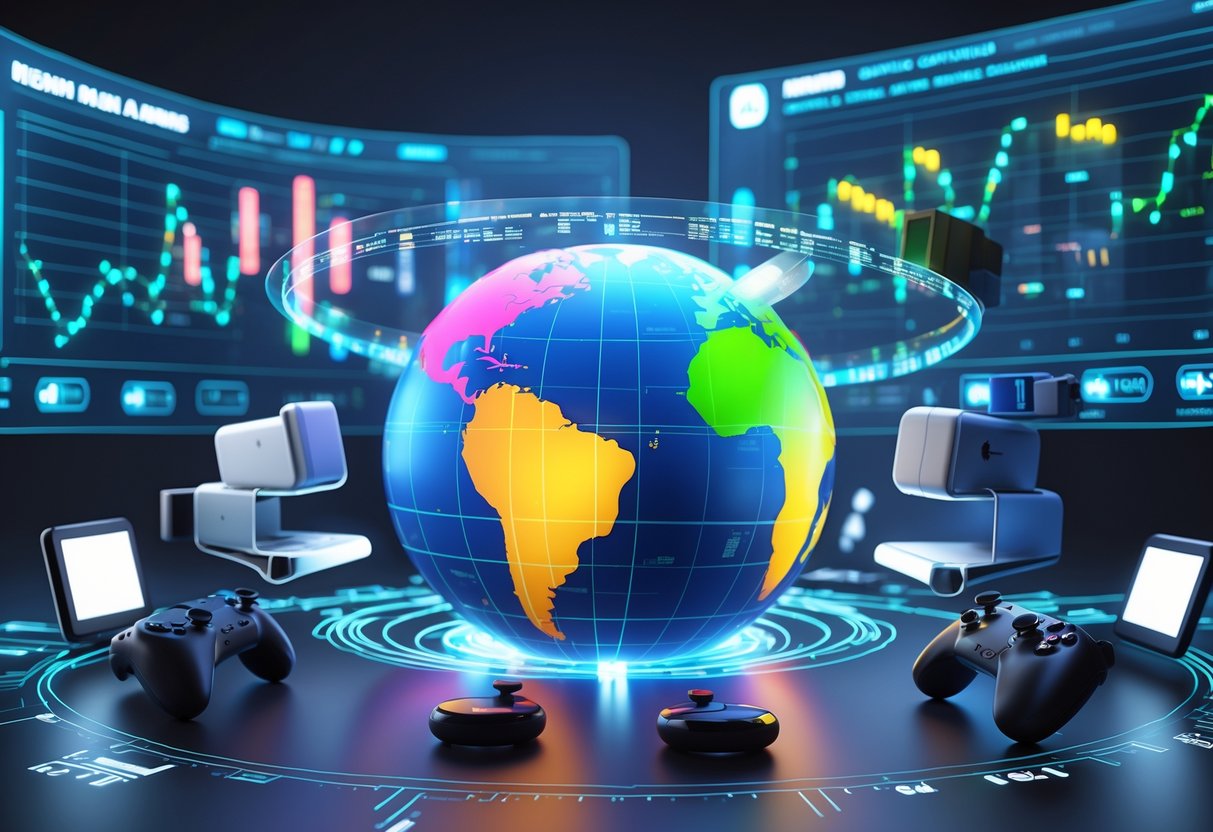 A 3D scene showing a globe divided into coloured regions separated by glowing digital barriers, with gaming devices orbiting and data streams interrupted at the boundaries.