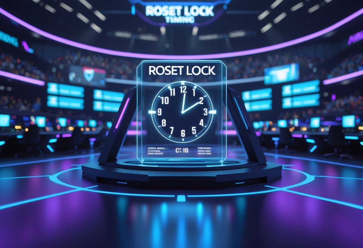 A futuristic esports arena control room with a large digital countdown clock and floating holographic screens showing player and team information.