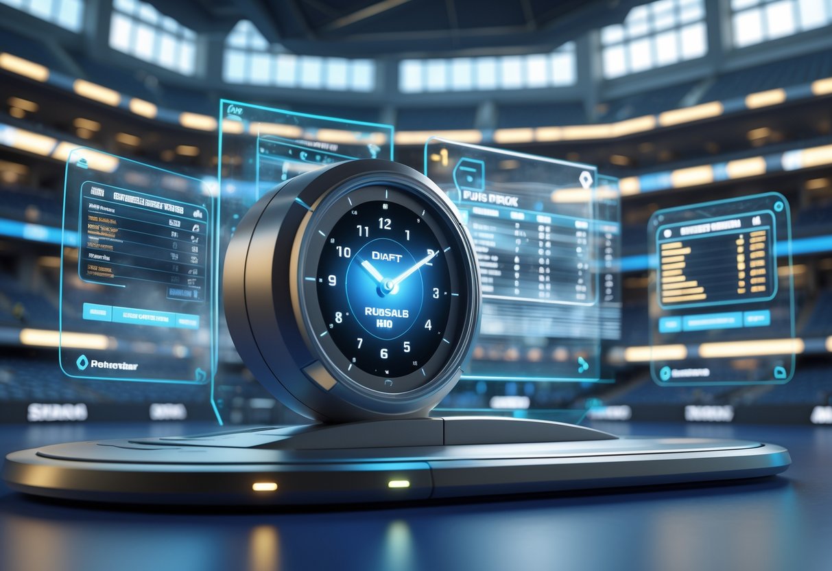 A futuristic sports draft room with a digital countdown clock and holographic displays showing player and team information.