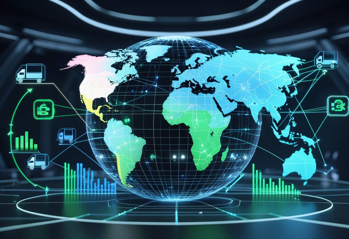 A 3D digital globe showing different regions with graphs, charts, and locks between areas representing economic drivers and region locking effects.