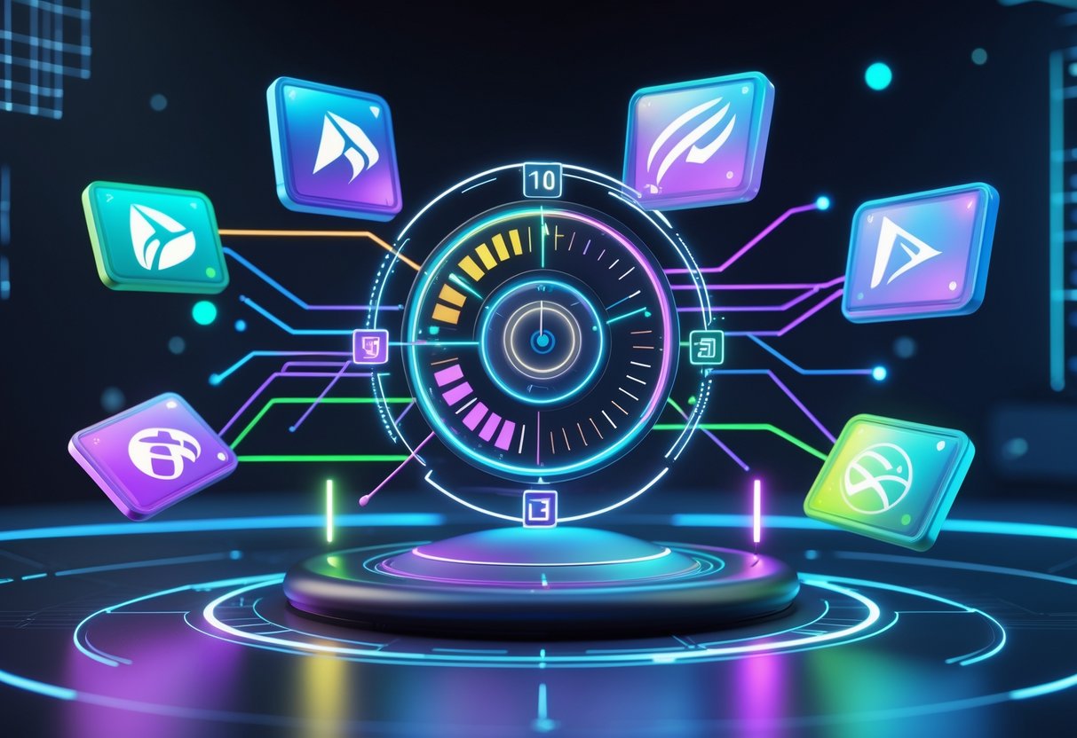 A 3D scene showing glowing holographic icons of popular platforms linked to a central timer with rotating segments, set in a dark high-tech environment.