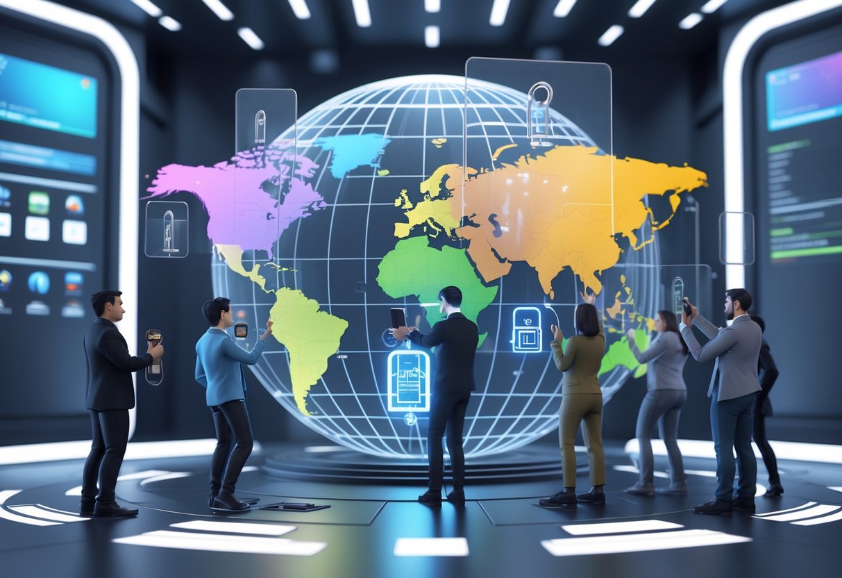 A globe divided into coloured regions with digital barriers, showing people using devices and tools to bypass restrictions around the world.