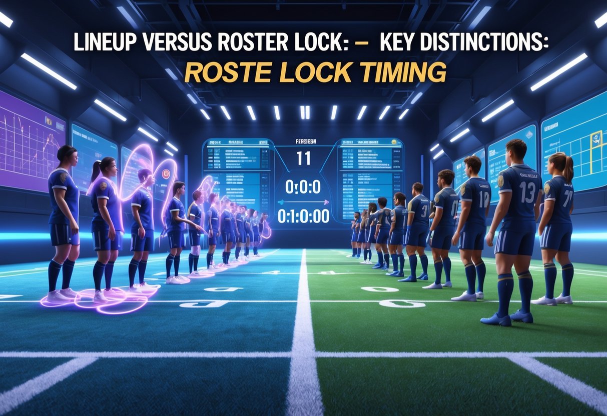 A 3D scene showing two groups of players on a digital sports field, one actively changing positions and the other fixed in place with a countdown timer above.