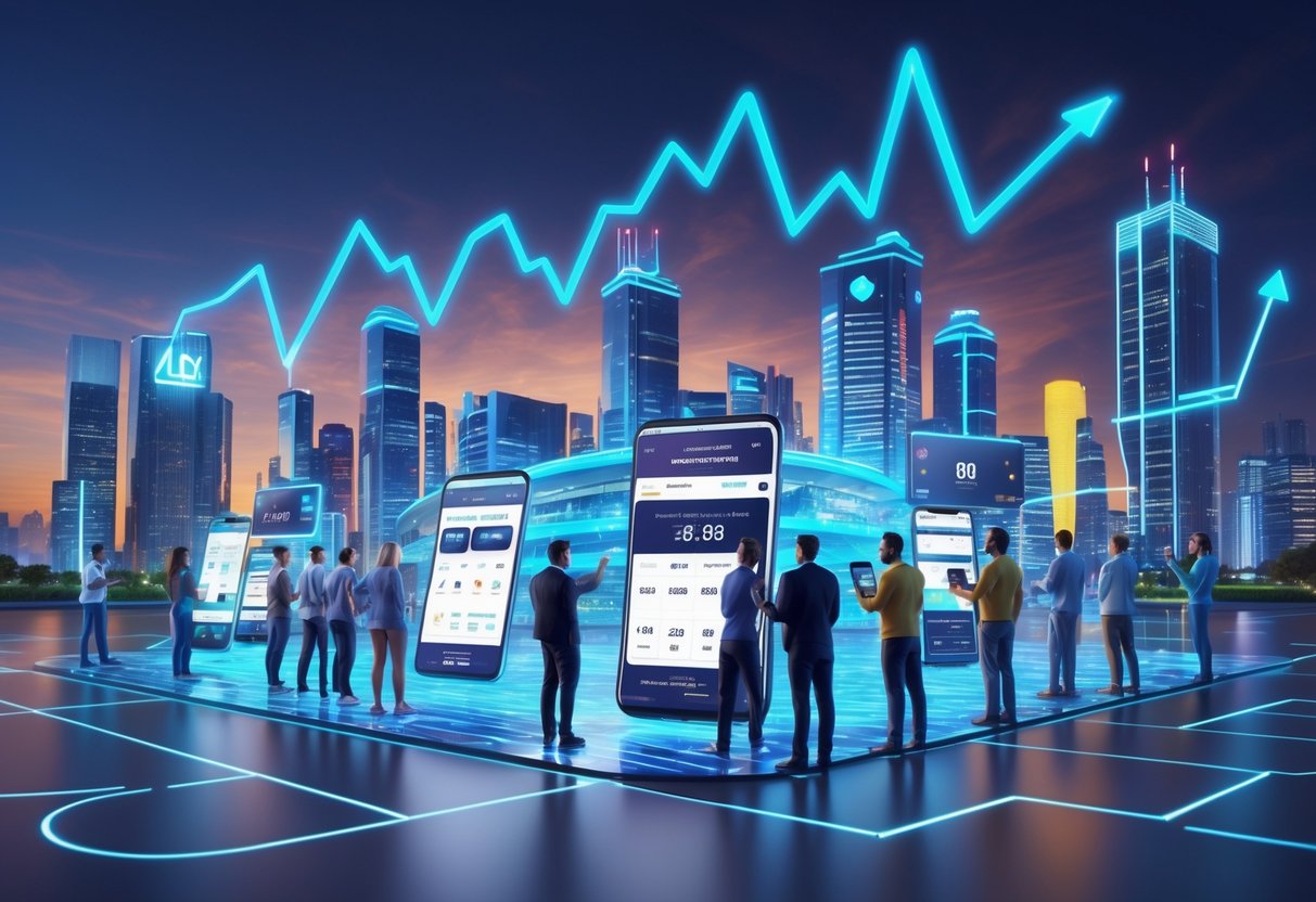 A city with stadiums and people using digital devices to place sports bets, surrounded by rising charts and legal symbols representing sports betting growth and regulation.