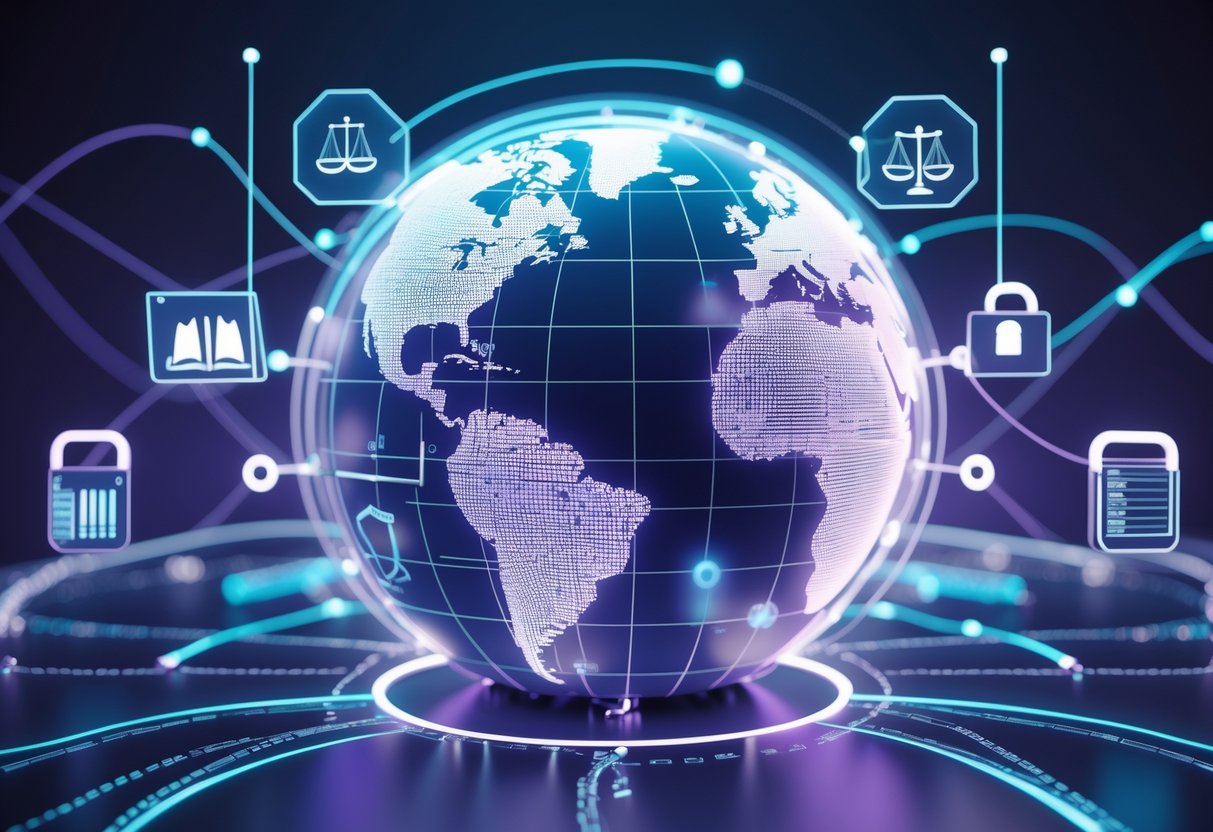A 3D digital globe divided into separate regions by glowing boundaries with floating legal symbols and holographic padlocks between them, illustrating challenges in legal enforcement and compliance caused by region locking.