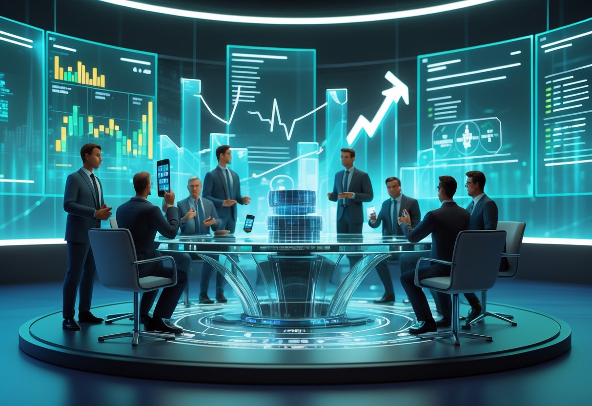 A group of people gathered around a round table in a modern room with digital screens showing betting odds and charts, representing a discussion about sports betting regulation.
