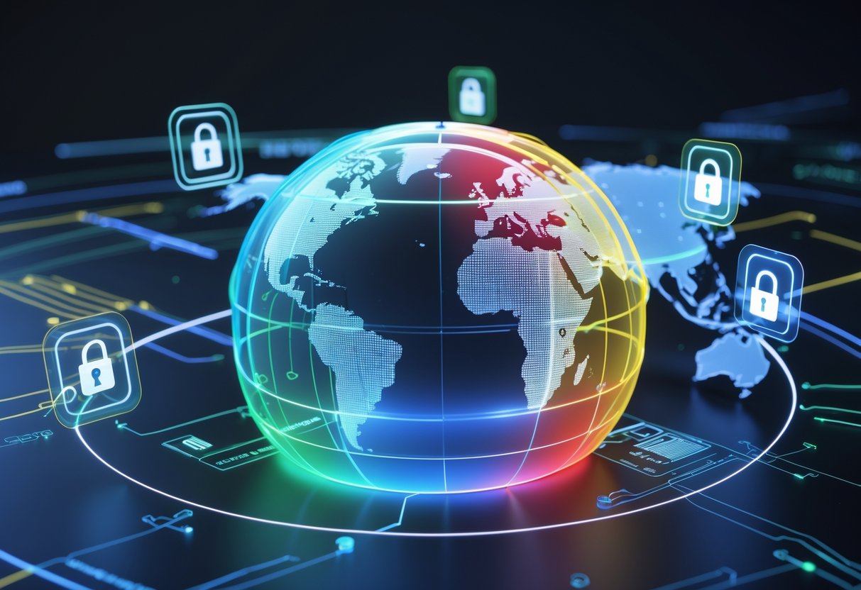 A 3D globe with coloured digital barriers dividing regions and holographic devices showing restricted access within each zone.