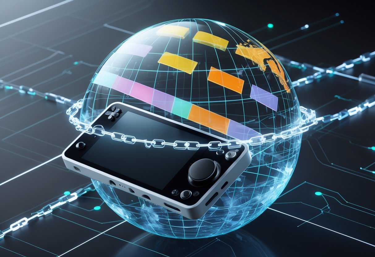 A 3D image of a handheld electronic device surrounded by a glowing globe divided into coloured regions with holographic chains symbolising restrictions.